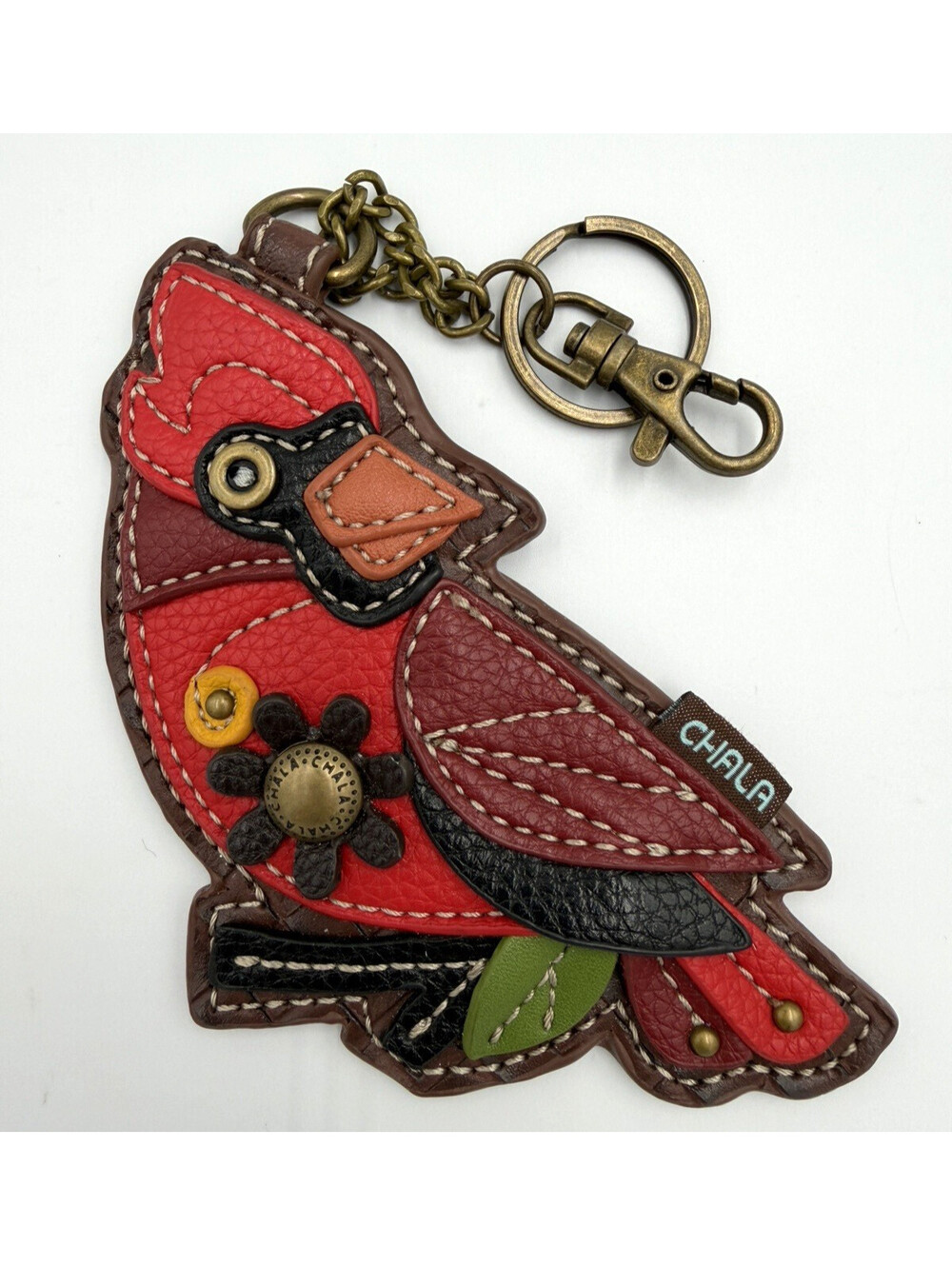 Chala Pal Cardinal Coin Purse Keychain Brown Red Faux Leather Key Fob Charm Bird